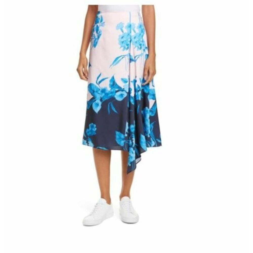 Ted Baker Midi Skirt Pink Blue Floral Asymmetrical Satin SZ 1 TED NWT